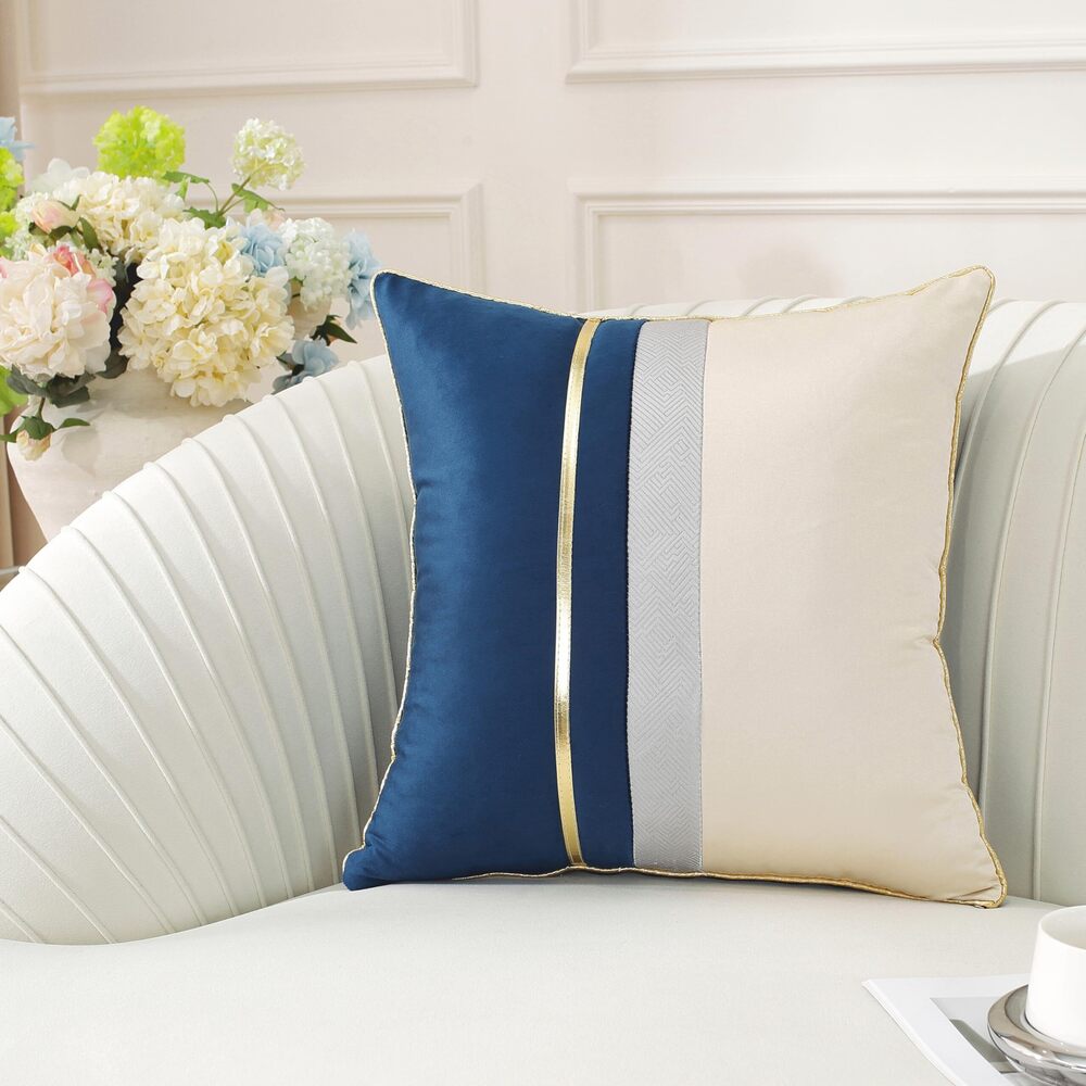 7375 Pack of 2, Navy Blue Beige Patchwork Velvet Throw Pillow Cover